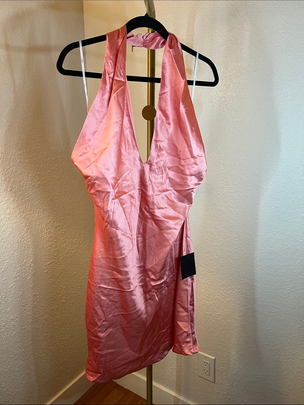 Lulu's Pink Salmon Satin Deep-V Halter Mini Dress